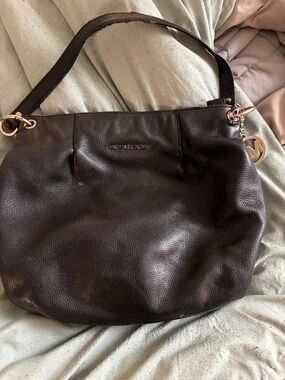 Michael Kors Dark Brown Pebbled Leather Shoulder Bag with Gold Accents